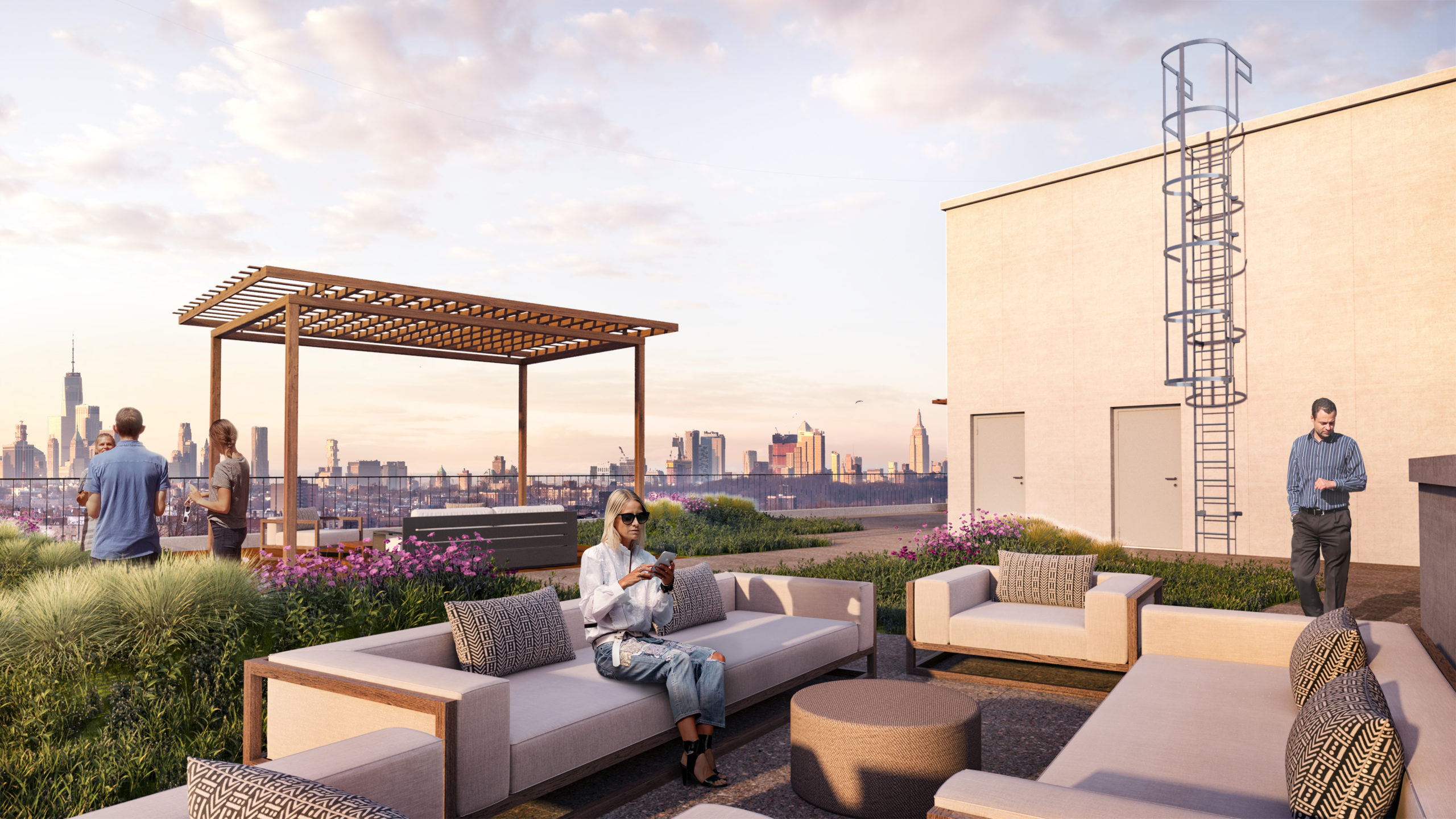 Rooftop patio with a lattice awning overlooking the city at the Vitagraph Brooklyn
